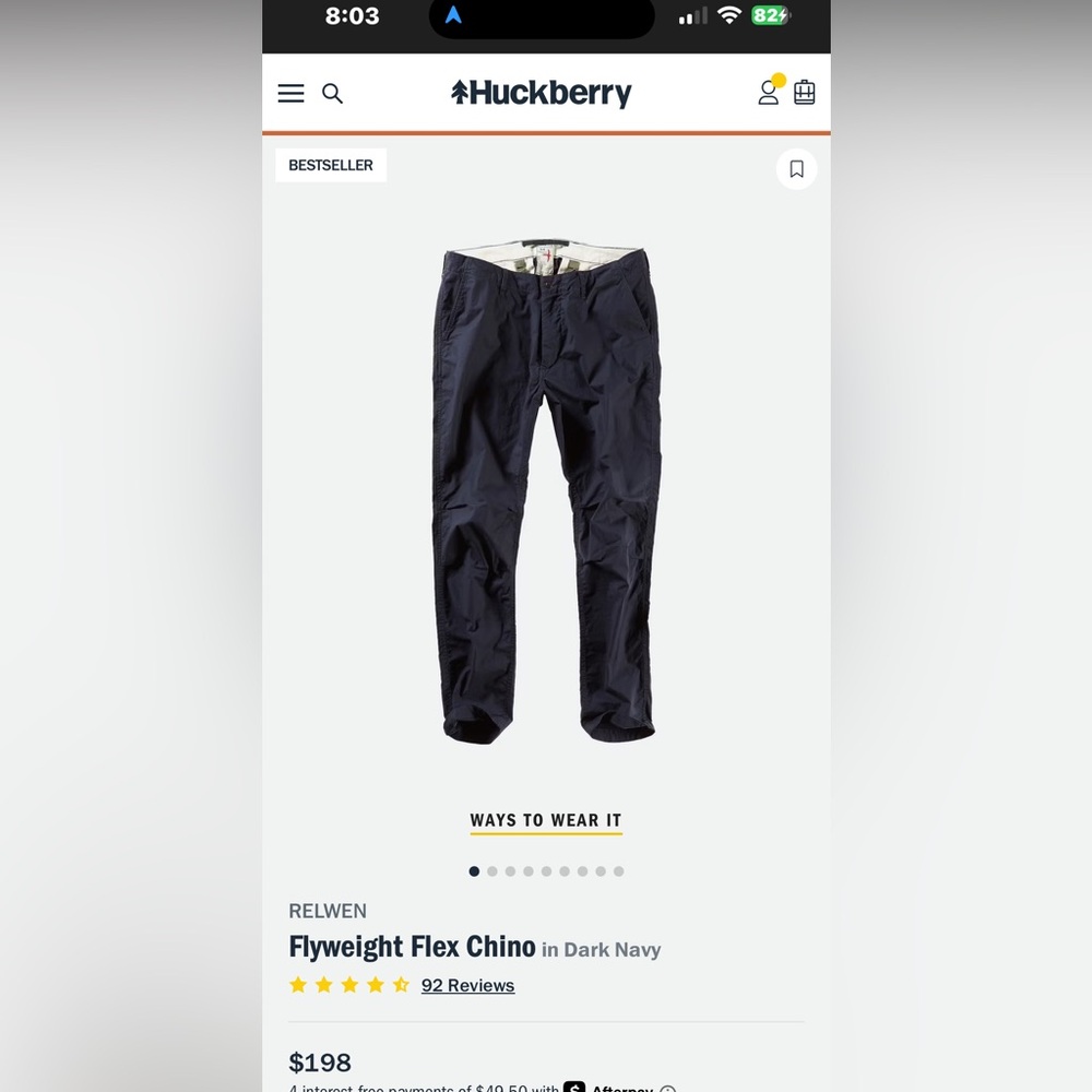 Relwen flyweight flex chino. Navy. Excellent condition. 36x32
